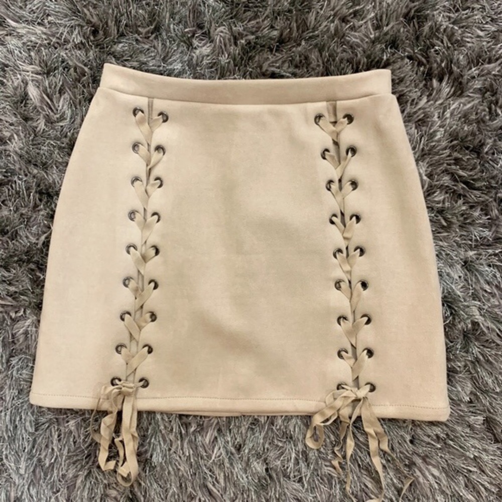 Honey Punch - Nude Suede Lace-up Skirt